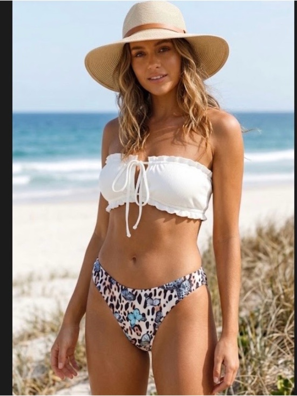 SHEIN White Ribbed Bandeau Top w/ Leopard & Blue Butterfly Bikini Bottom